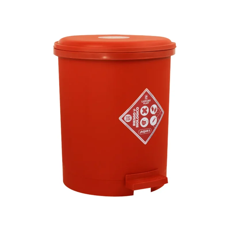Papelera roja de 13 litros para residuos de riesgo biológico fabricada en plástico resistente para espacios institucionales.
