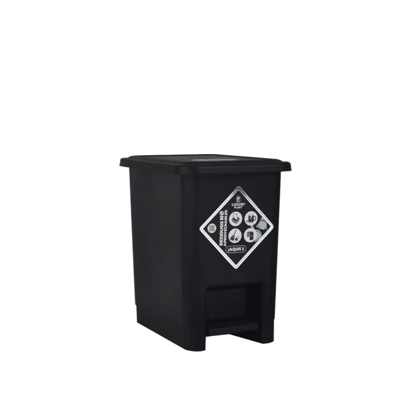 Caneca de basura negra con pedal de 8 litros ideal para residuos no aprovechables y espacios institucionales.