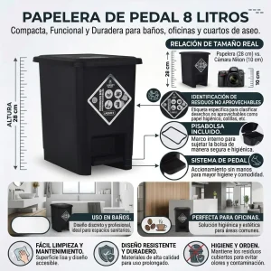 Caneca de basura con pedal negra de 8 litros fabricada en plástico resistente para oficinas, baños y hogares.