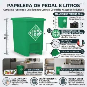 Caneca plástica con pedal verde de 8 litros ideal para hogares, empresas y puntos ecológicos.