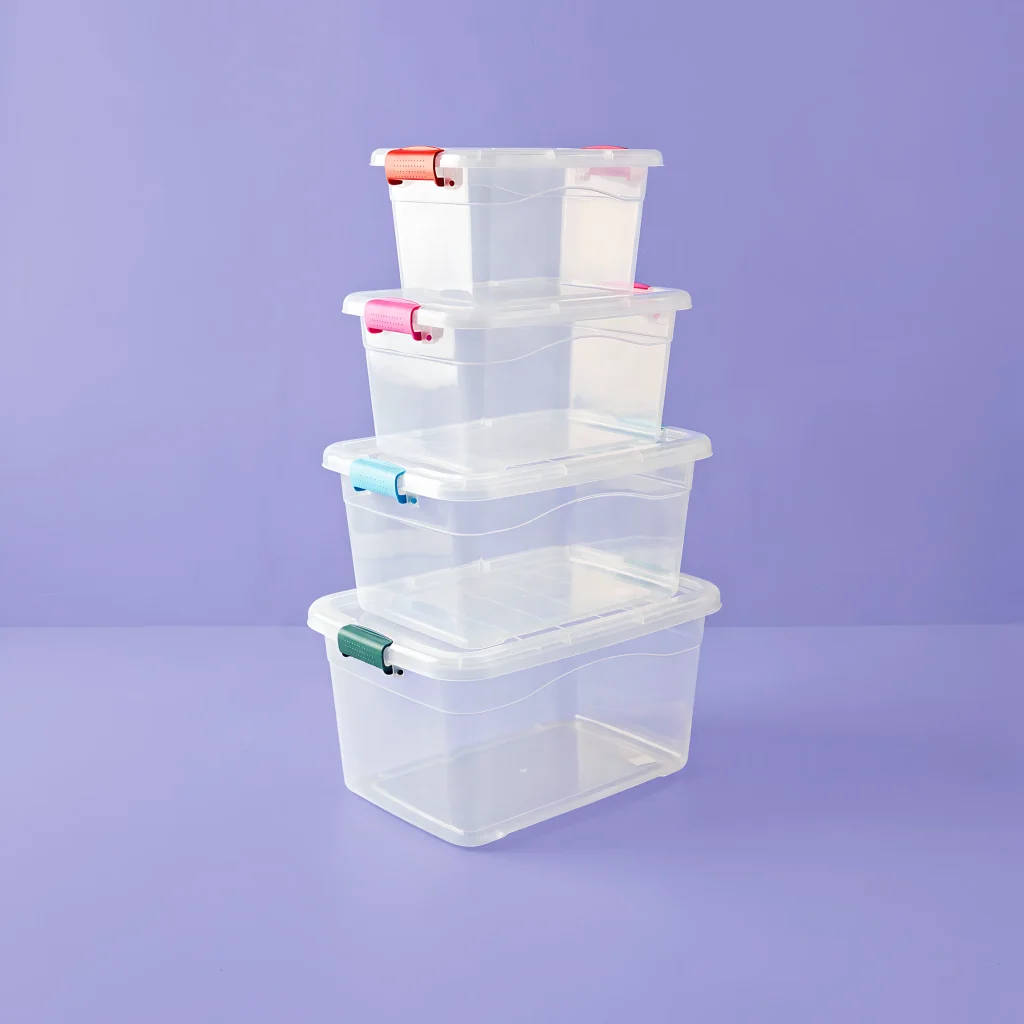 Kit Multihogar de Cajas Organizadoras Transparentes con Tapa y Broches | 4 Tamaños en un Solo Paquete