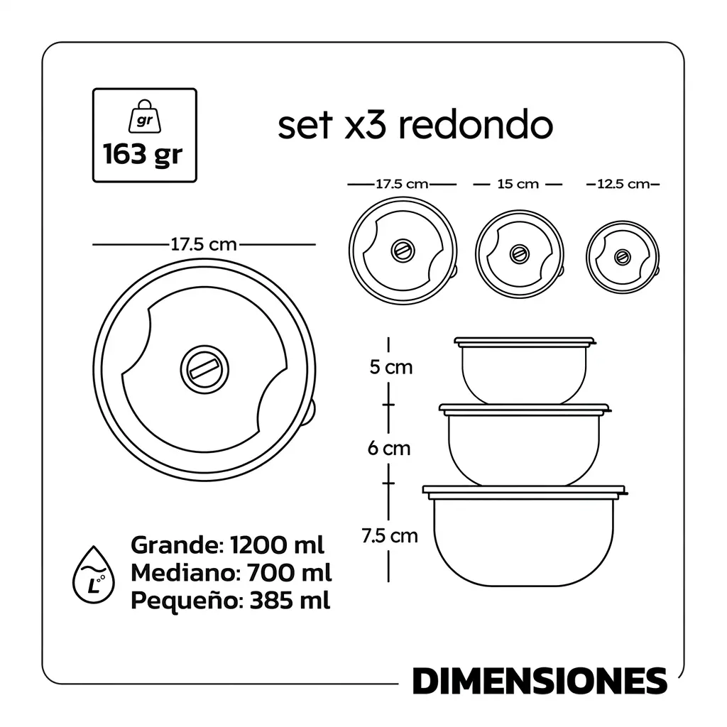 Set x3 de Recipientes Redondos con Tapa | Organizadores para Alimentos Luxury Plast