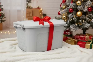 Caja para anchetas divina en color gris junto a un arbol de navidad en una habitación