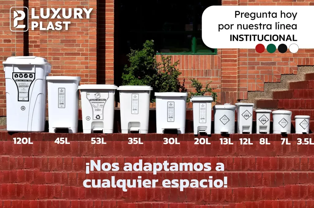 Tamaños de nuestra línea institucional, 11 papeleras que buscan adaptarse a todas tus necesidades y espacios, desde contenedor grande hasta la más pequeña